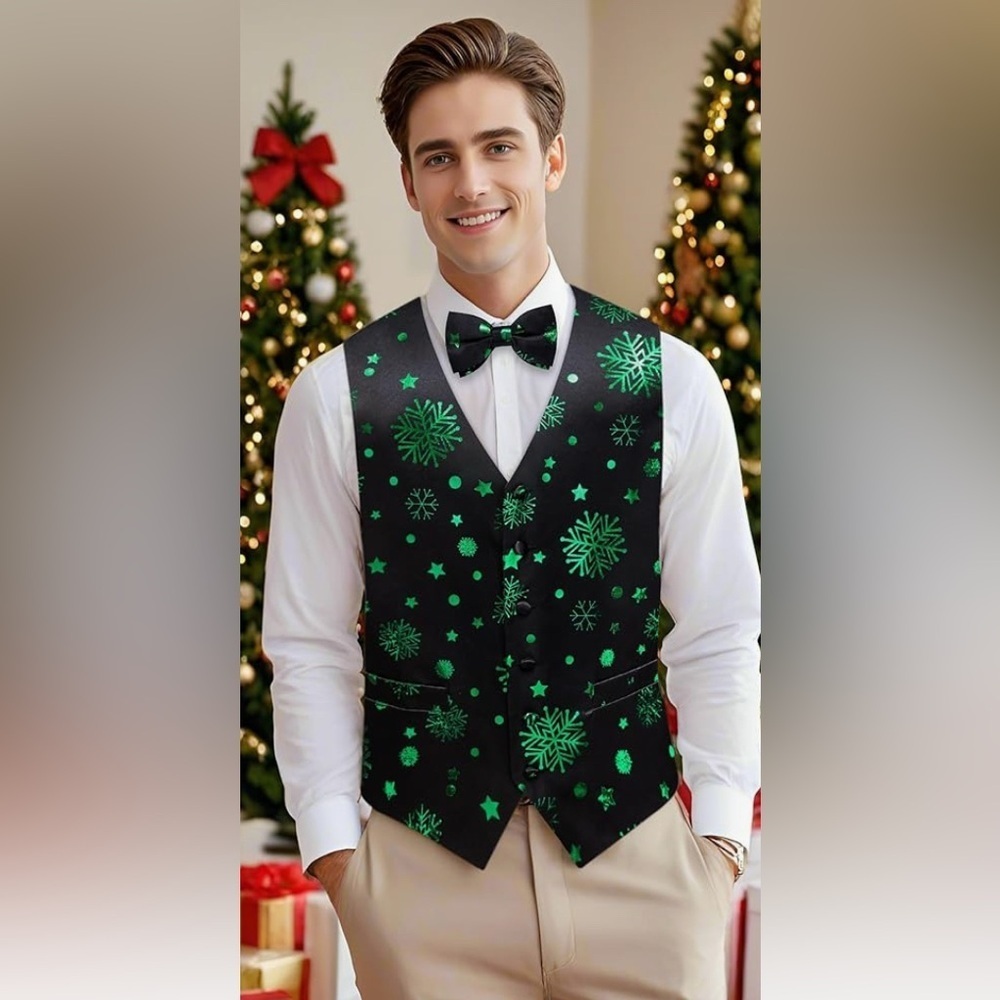 XXXL - Festive Green Metallic Snowflake
Vest ONLY—NO Bow Tie 
New with Tags